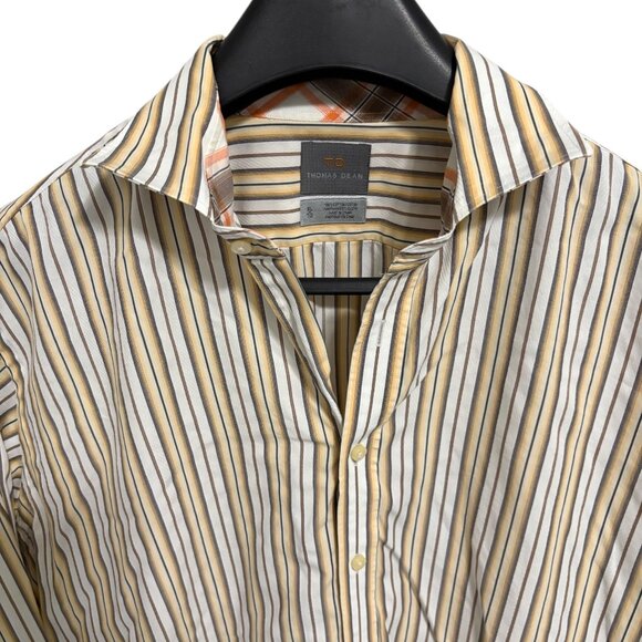 Thomas Dean Mens XL/TG Button Down Shirt Taupe Striped Flip Cuffs - Picture 3 of 6